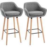 HOMCOM 2 PCs Upholstered Fabric Bucket Seat Bar Stools w/ Solid Wood Legs Dining Room in Grey