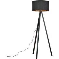 ValueLights Barbro Black Wood Tripod Floor Light Lamp with Reni Drum Shade in Metallic Gold