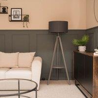 ValueLights Morrigan Grey Wood Tripod Floor Lamp with Fabric Drum Lamp Shade