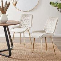 FurnitureboxUK Set of 2 Pesaro Luxury Soft Touch Diamond Pattern Velvet Dining Chairs With Gold Chrome Metal Legs in Cream
