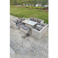 Fimous Rattan Garden Funiture Set Adjustable Rising Lifting Table Sofa Dining Set Lounge Sofa Arm Chair Stool in Light Grey