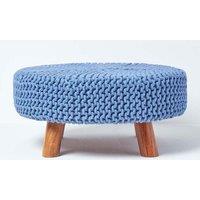 Homescapes Large Round Cotton Knitted Footstool on Legs in Blue