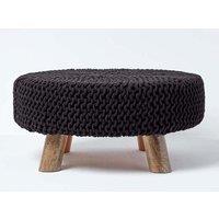 Homescapes Large Round Cotton Knitted Footstool on Legs in Black