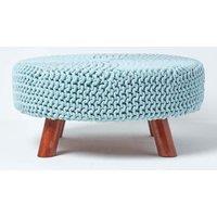 Homescapes Large Round Cotton Knitted Footstool on Legs in Bright Blue