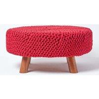 Homescapes Large Round Cotton Knitted Footstool on Legs in Red