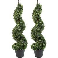 Leaf Pair of 90cm (3ft) Tall Artificial Boxwood Tower Trees Topiary Spiral Metal Top in Green