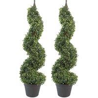 Leaf Pair of 90cm (3ft) Tall Artificial Boxwood Tower Trees Topiary Spiral Metal Top in Green