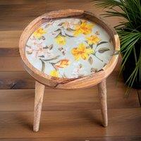 Hartsmede Handmade Side Table Solid Mango Wood Detachable Legs Vintage Bouquet Sage Green & Yellow Vibrant Print in Bright Green
