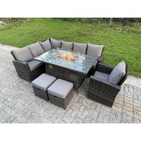 Fimous High Back Rattan Sets Gas Fire Pit Dining Table Heater Sofa 9 Seater in Dark Grey