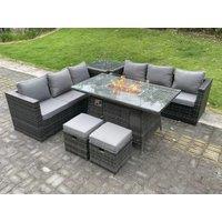 Fimous 8 Seater Outdoor Rattan Gas Fire Pit Table Sets Heater Lounge Footstools in Dark Grey
