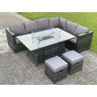 Fimous Outdoor Rattan Garden Corner Furniture Gas Fire Pit Table Sets Gas Heater Small Footstools 8 Seater in Dark Grey