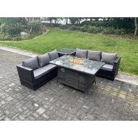 Fimous Outdoor Rattan Gas Fire Pit Dining Table Sets Gas Heater Side Table 6 Seater in Dark Grey