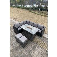 Fimous Rattan Garden Corner Furniture Gas Fire Pit Table Sets 8 Seater in Dark Grey