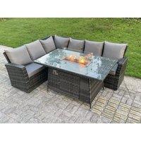 Fimous Outdoor Rattan High Back Sofa Set Gas Fire Pit Dining Table Gas Heater Burner 6 Seater in Dark Grey