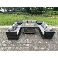Fimous Outdoor Rattan Gas Fire Pit Dining Table Gas Heater Sets Side Tables 9 Seater in Dark Grey