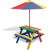 Kids' Picnic Table with Benches and Parasol Multicolour Wood