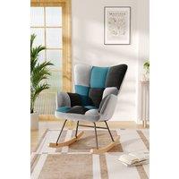 Blue Grey Black Check Tufted Linen Patchwork Rocking Chair