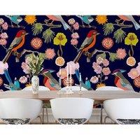 Origin Murals Floral Birds Wall Mural in Indigo | Size: W300 cm x H240 cm