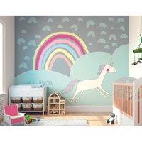 Origin Murals Rainbow Unicorn Wall Mural in Mint | Size: W350 cm x H280 cm
