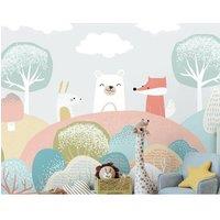 Origin Murals Woodland Friends Wall Mural in Grey | Size: W350 cm x H280 cm
