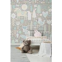 Origin Murals Scandi Forest Animals Wall Mural in Mid Grey | Size: W300 cm x H240 cm