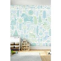 Origin Murals Scandi Forest Animals Wall Mural in Teal | Size: W300 cm x H240 cm