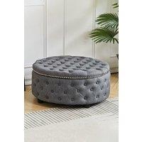 Living and Home Round Linen Deep Buttoned Footstool with Studded Edge in Dark Grey