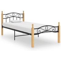 Bed Frame Black Metal and Solid Oak Wood 100x200 cm