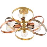 Netlighting Hoop Multi Arm Semi Flush Ceiling Light Satin Brass Brushed Copper Plate in Gold