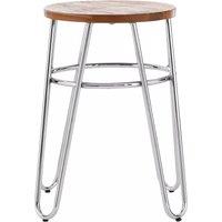 Orsina Chrome Metal & Elm Wood Round Stool, Small Hairpin Stool, Sturdy Stool for Lounge, Bedroom, Bar Stool in Brown
