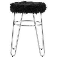 Orsina Metal & Black Faux Fur Stool, Small Hairpin Round Stool, Sturdy Plush Fur Stool for Lounge, Bedroom in Silver