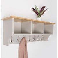 Charles Bentley Charnwood Floating Storage Shelf with Metal Hooks & Three Storage Cubbies in Beige