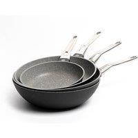MasterClass 4pc Non-Stick Aluminium Pan Set with 3x Heavy Duty Frying Pans, 20cm, 26cm & 28cm & 29.5cm Induction-Safe Wok in Grey