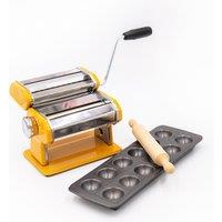 KitchenCraft 3pc Pasta Making Set with Yellow Stainless Steel Pasta Maker, Non-Stick Ravioli Mould & Rolling Pin