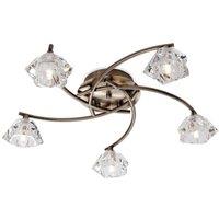 Netlighting Clara 5 Light Flush Multi Arm Ceiling Light Antique Brass Clear Glass G9 in Gold