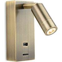 Netlighting Clifton LED Wall Reading Light & USB Port Antique Brass in Gold