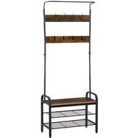 HOMCOM Industrial Coat Rack Stand Shoe Bench 8 Hooks Storage Cabinet in Brown
