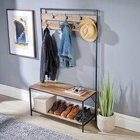 Home Source Hallway Coat Rack Storage Bench Open Shoe Storage Shelf Oak Finish in Light Tan