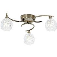 Loops Semi Flush Ceiling Light Brass Textured Glass 3 Bulb Hanging Pendant Lamp Shade in Clear