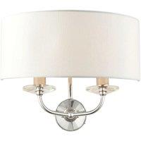 Loops Dimmable Twin Wall Light Nickel & White Fabric Shade Curved Arm Lamp Fitting in Metallics