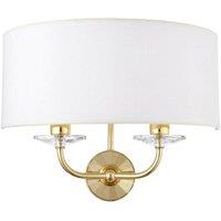 Loops Dimmable Twin Wall Light Brass Glass White Fabric Shade Curved Arm Lamp Fitting