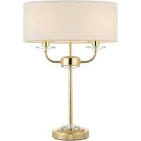 Loops Twin Light Table Lamp 2 Bulb Brass & White Shade Crystal Trim Bedside Feature