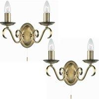 Loops 2 PACK Dimmable LED Twin Wall Light Antique Brass Vintage 2x Bulb Lamp Lighting in Metallics