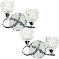 Loops 2 PACK LED Twin Wall Light Twisted Chrome Arm Glass Pattern Shade Dimming Lamp in Clear