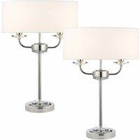 Loops 2 PACK Twin Light Table Lamp Bright Nickel & White Shade Crystal Trim Bedside in Metallics