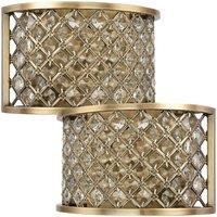 Loops 2 PACK Crystal Cage Wall Light Brass & Glass Shade Modern Twin Bulb Lounge Lamp in Clear