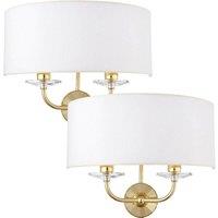 Loops 2 PACK Dimmable Twin Wall Light Brass Glass White Fabric Shade Curved Arm Lamp