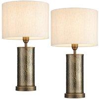 Loops 2 PACK Hammered Bronze Table Lamp Aged Metal & Off-White Shade Bedside Light in White