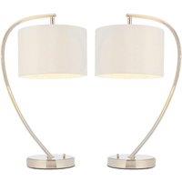 Loops 2 PACK Modern Curved Arm Table Lamp Nickel & White Shade Bedside Feature Light in Metallics