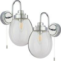 Loops 2 PACK IP44 Bathroom Wall Light Chrome & Round Clear Glass Curved Arm Oval Lamp